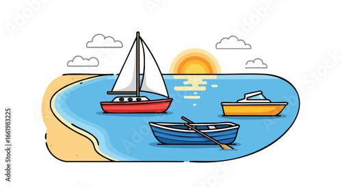 Illustrative serene seascape with a sailboat, a rowboat, and a motorboat under a bright sun in a stylized cartoonish style