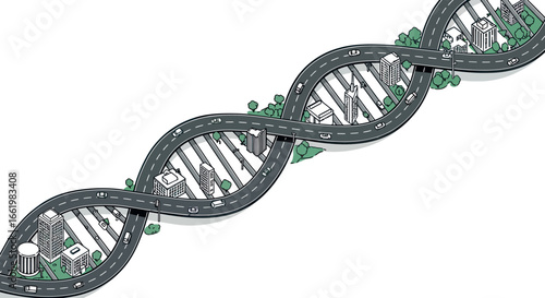 Isometric dna helix shaped highway with urban infrastructure and vehicles