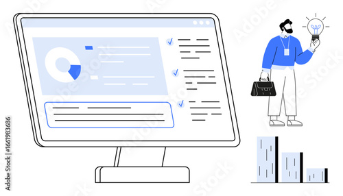 Professional analyzing large monitor displaying pie chart, tasks, and summaries. Bar chart representing metrics, holding glowing lightbulb. Ideal for productivity, management, growth, strategy data
