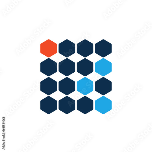 Hexagonal grid pattern with highlighted elements in orange and blue.