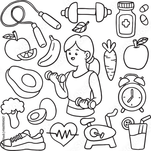 A set of hand-drawn vector icons related to a healthy lifestyle. This collection features a woman exercising, along with various items like fitness equipment, healthy foods, and supplements, perfect.
