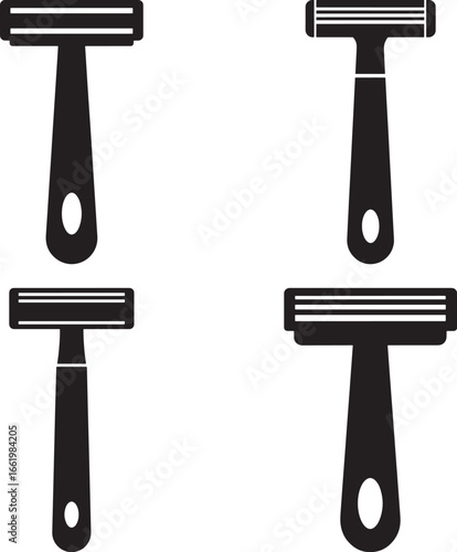 Four black silhouette safety razors arranged in a grid isolated on white background