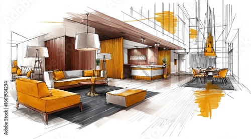 Croquis d'aménagement intérieur dessinés à la main représentant le hall d'un hôtel, dans un style illustration aux tons oranges et blancs.