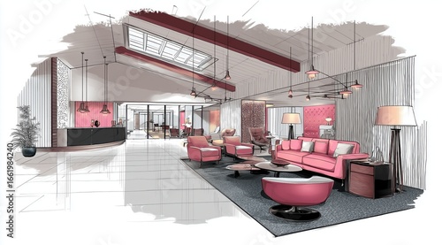 Croquis d'aménagement intérieur dessinés à la main représentant le hall d'un hôtel, dans un style illustration aux tons roses et blancs.