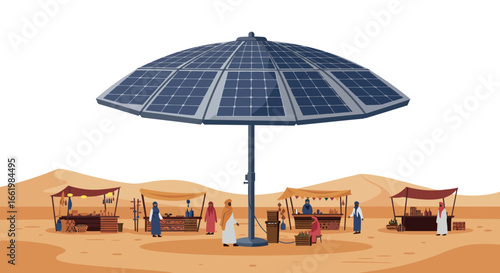 Solar panel umbrella in desert marketplace with traditional stalls and vendors