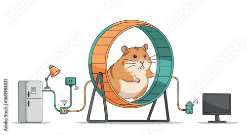 Hamster powering home devices in a creative cartoon scene