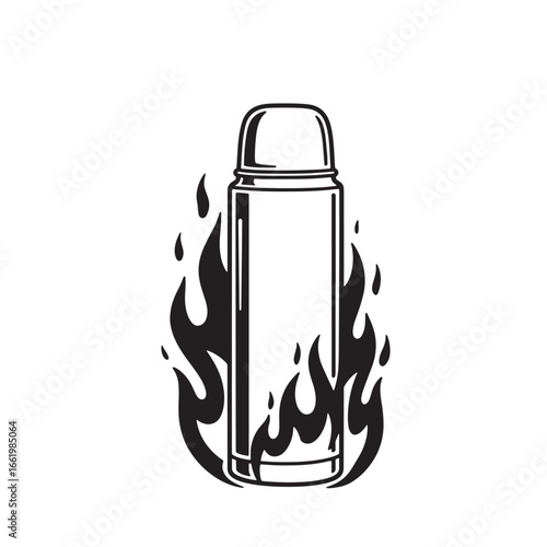 Vector illustration depicting a thermos surrounded by stylized flames on a white background