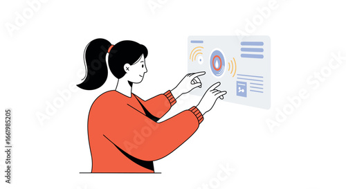 Interactive touch screen technology concept with woman engaging in futuristic display