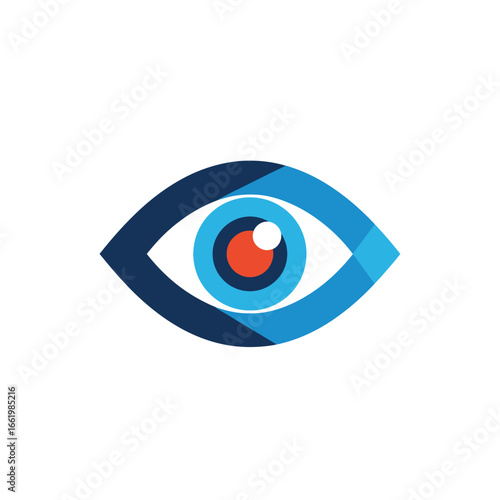 Stylized eye icon with blue and orange geometric shapes on a white background.