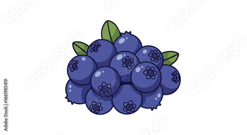 Stylized illustration of a cluster of vibrant blueberries with green leaves isolated against a clean white background creating a charming design