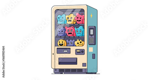 Whimsical cartoon vending machine displaying colorful emotion faces