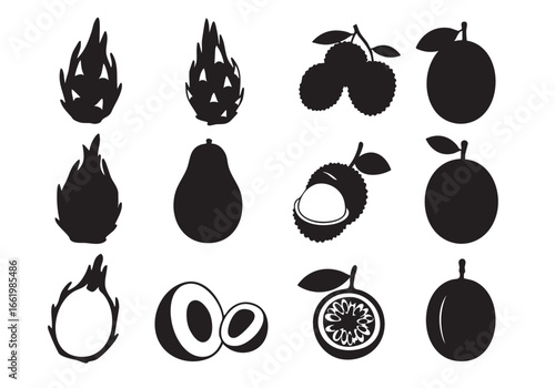 A collection of silhouette illustrations featuring various tropical fruits including dragon fruit, lychee, passionfruit, and avocado.