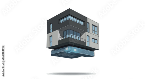 Floating modern cube house with glass extension and geometric design