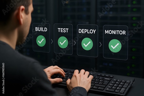 A person's hand is working on a keyboard while displaying a build test deploy monitor process. 