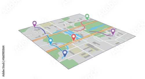 Isometric city map with colorful pin markers and routes