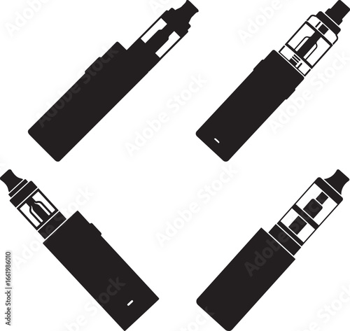 Four black electronic cigarette vape pens in a diagonal arrangement silhouette isolated on white background