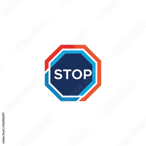 Stop sign with blue and red octagon border and white text.