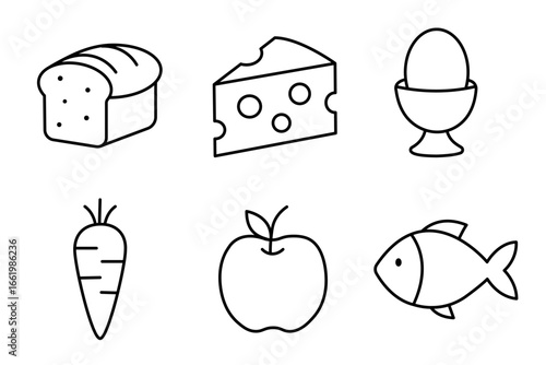 Food icons set with editable stroke. Outline vector of bread, cheese, boiled egg, carrot, apple and fish. Minimal healthy eating collection for grocery, nutrition and cooking design.