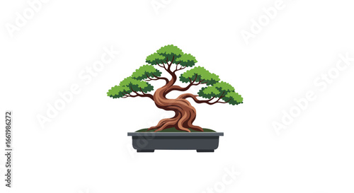 Stylized bonsai tree illustration showcasing oriental art and meticulous shaping and foliage arrangement in a traditional dark pot