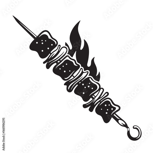 Vector illustration of a grilled skewer featuring meat and vegetables over open flames
