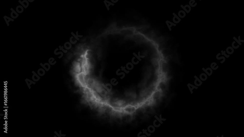 Neon light trail circle with white smoke effect on black background. 4K Video