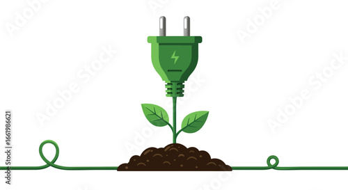 Green energy concept: eco-friendly plug growing from soil with leaves