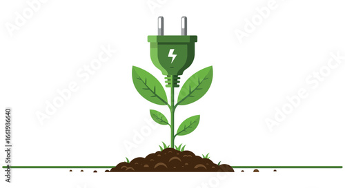 Eco-friendly energy concept: green plant with electric plug growing from soil
