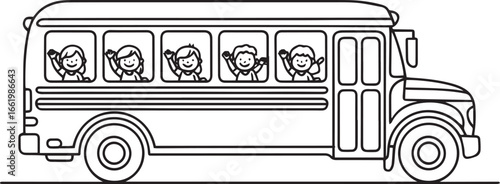Continuous one line drawing of a school bus with kids waving from windows in minimalist black outline art style