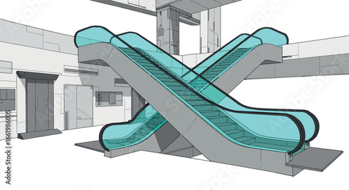 Contemporary crossed escalators in modern architectural space