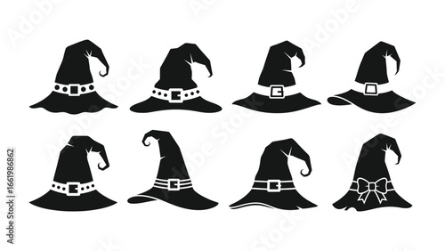 Collection of Witch Hats: A collection of assorted witch hats, in black silhouette, showcase a diverse range of styles, with pointed crowns and adorned brims. Perfect for Halloween or festive design