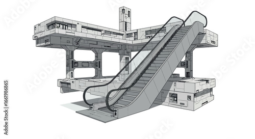 Modern industrial escalator within futuristic urban architecture scene