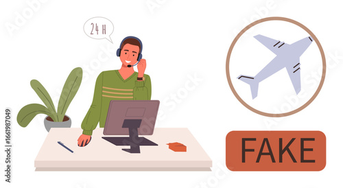 Customer service representative at desk with headset addressing 247 support. Airplane graphic labeled fake warns of fraud. Ideal for travel tips, scams, fraud prevention, online safety, customer