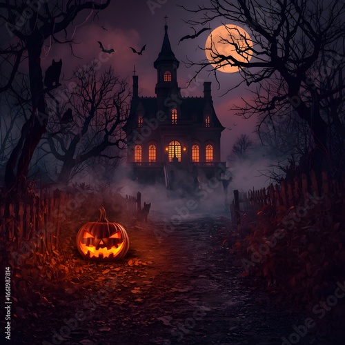 Halloween background with haunted house and pumpkin