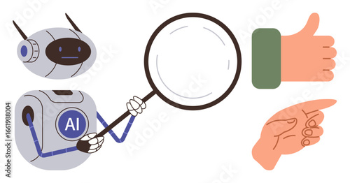 AI robot examining with magnifying glass, thumbs-up for approval, pointing hand for guidance. Ideal for technology, decision-making, evaluation, analysis, robotics, artificial intelligence simple