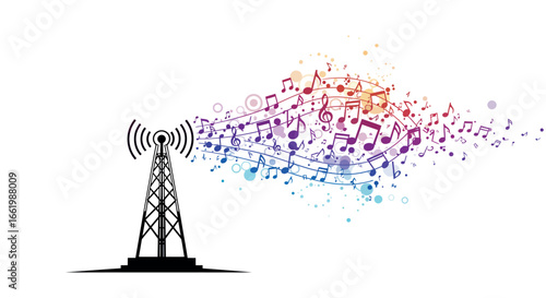 Musical notes emanating from radio tower creating colorful sound waves