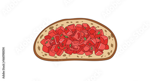 Illustration of bruschetta with diced tomatoes and basil on toasted bread isolated on a white background for culinary art illustration 100 characters