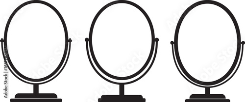Three oval vanity mirrors with stands in silhouette isolated on white background