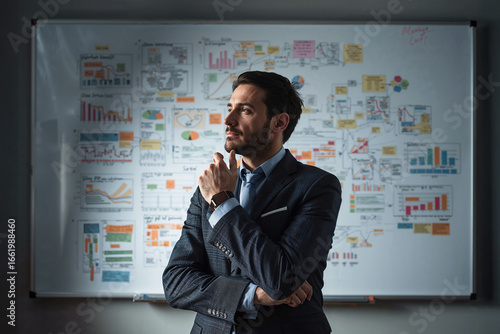 Thoughtful business strategist contemplating a complex plan. A focused male executive analyzing data charts and graphs on a whiteboard to find a creative solution.