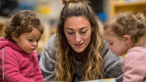 Engaging teacher shares a story with young children in a cozy classroom setting