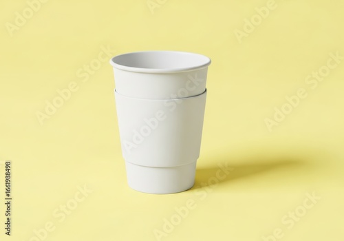 Blank white coffee cup with sleeve on plain pale yellow background simple design product mockup