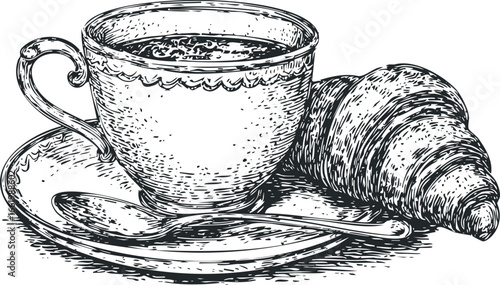 Espresso cup with croissant and spoon on saucer sketch