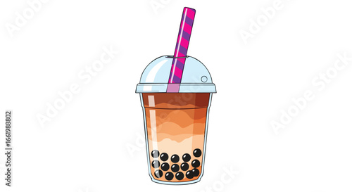 Illustrative bubble tea beverage with tapioca pearls and a vibrant striped straw graphic for refreshing treat imagery