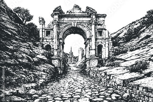 Ancient Stone Archway Ruins Along Cobblestone Path with Distant Spired Building