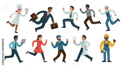 Diverse professions in action: cheerful workers in dynamic flat design