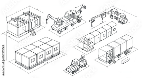 Isometric construction vehicles and modular buildings blueprint design