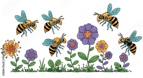 Whimsical robotic bees and colorful flowers in a cartoon garden scene