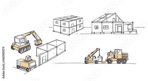 Hand-drawn construction scene with vehicles and building structures