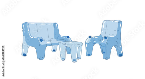 Sustainable plastic bottle furniture set: chairs and table concept