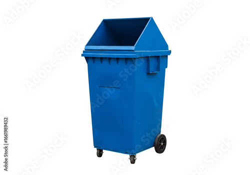 Blue Wheeled Trash Bin with Slanted Lid and Large Top Opening
