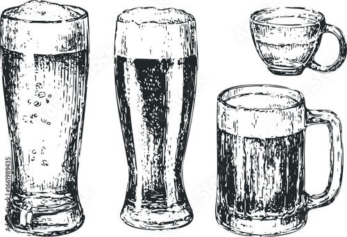 Four distinct glasses filled with bubbly beverage and foam